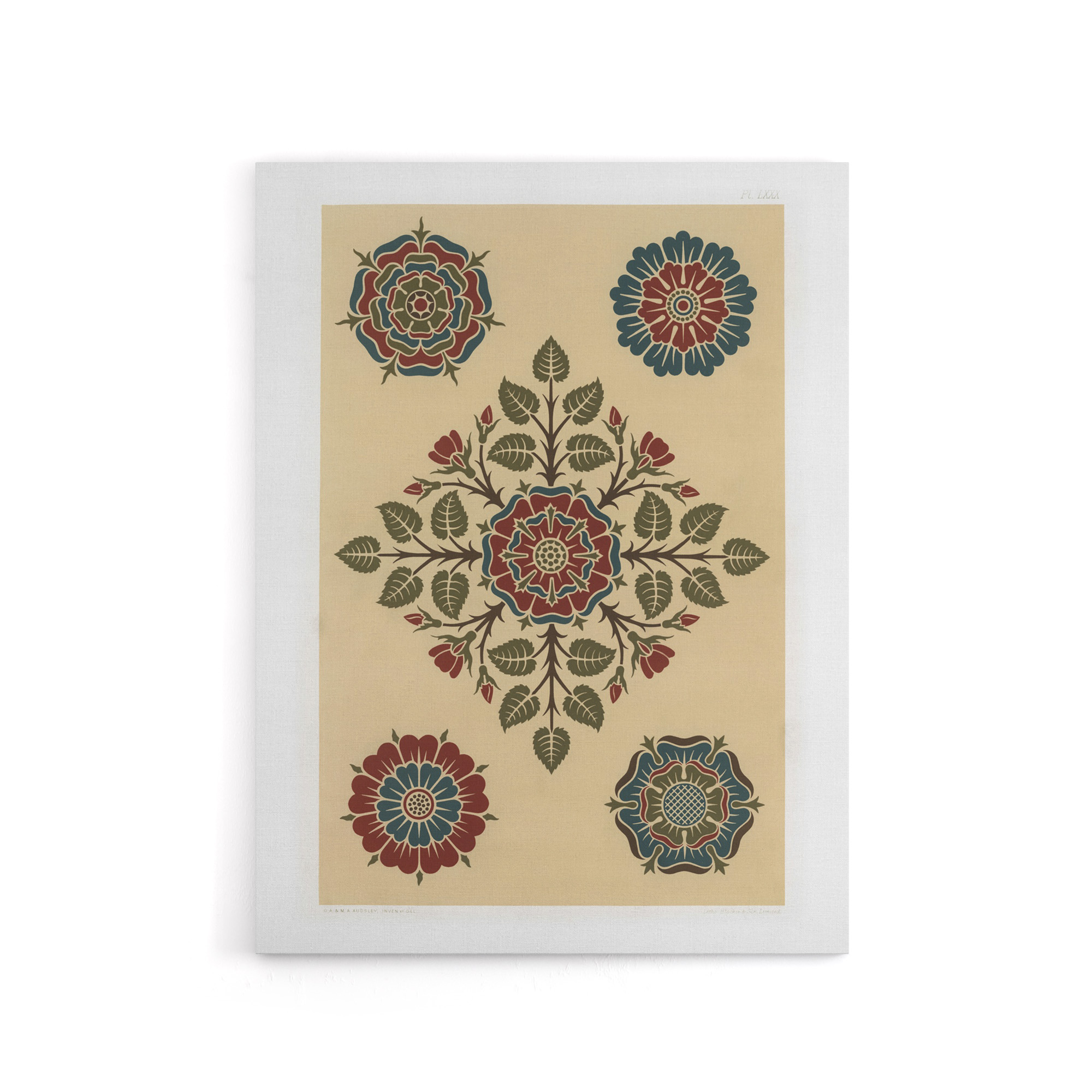 Vintage Stylised Rose Flower Pattern Audsley Canvas Wall Art Print