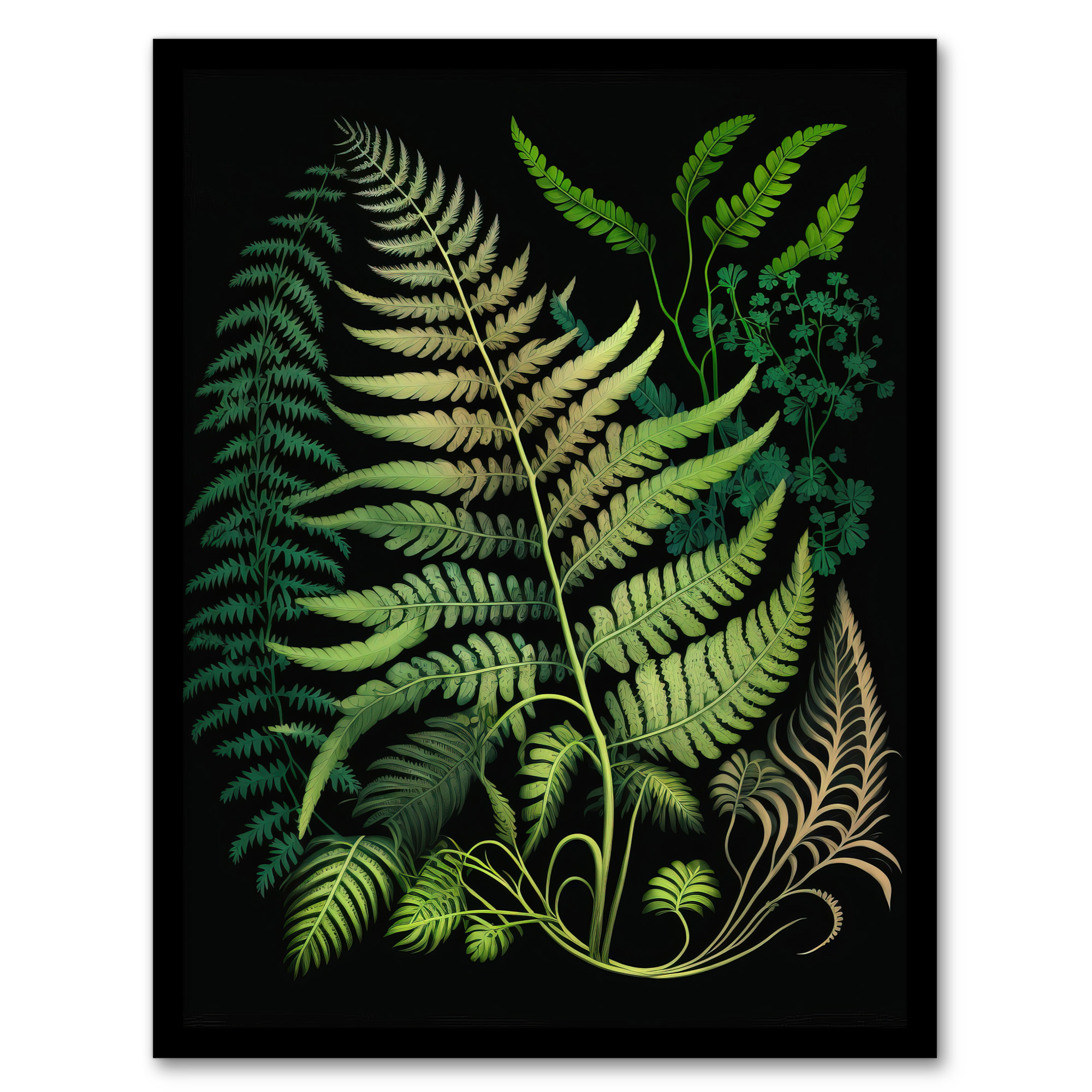 Elegant Fern Fronds Botanical Foliage Artwork Green Black Wall Art