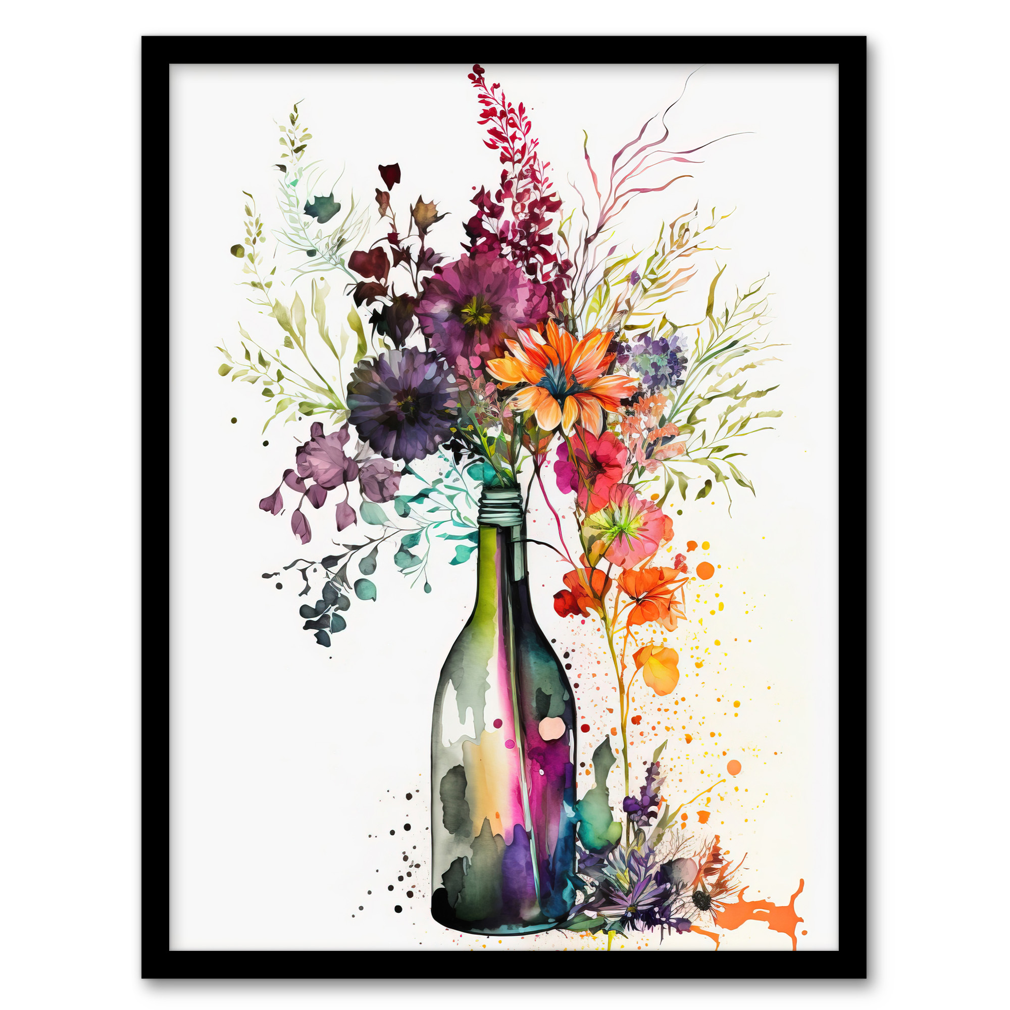 Wine Bottle Flowers Watercolour Orange Pink Purple Blooms Wall Art