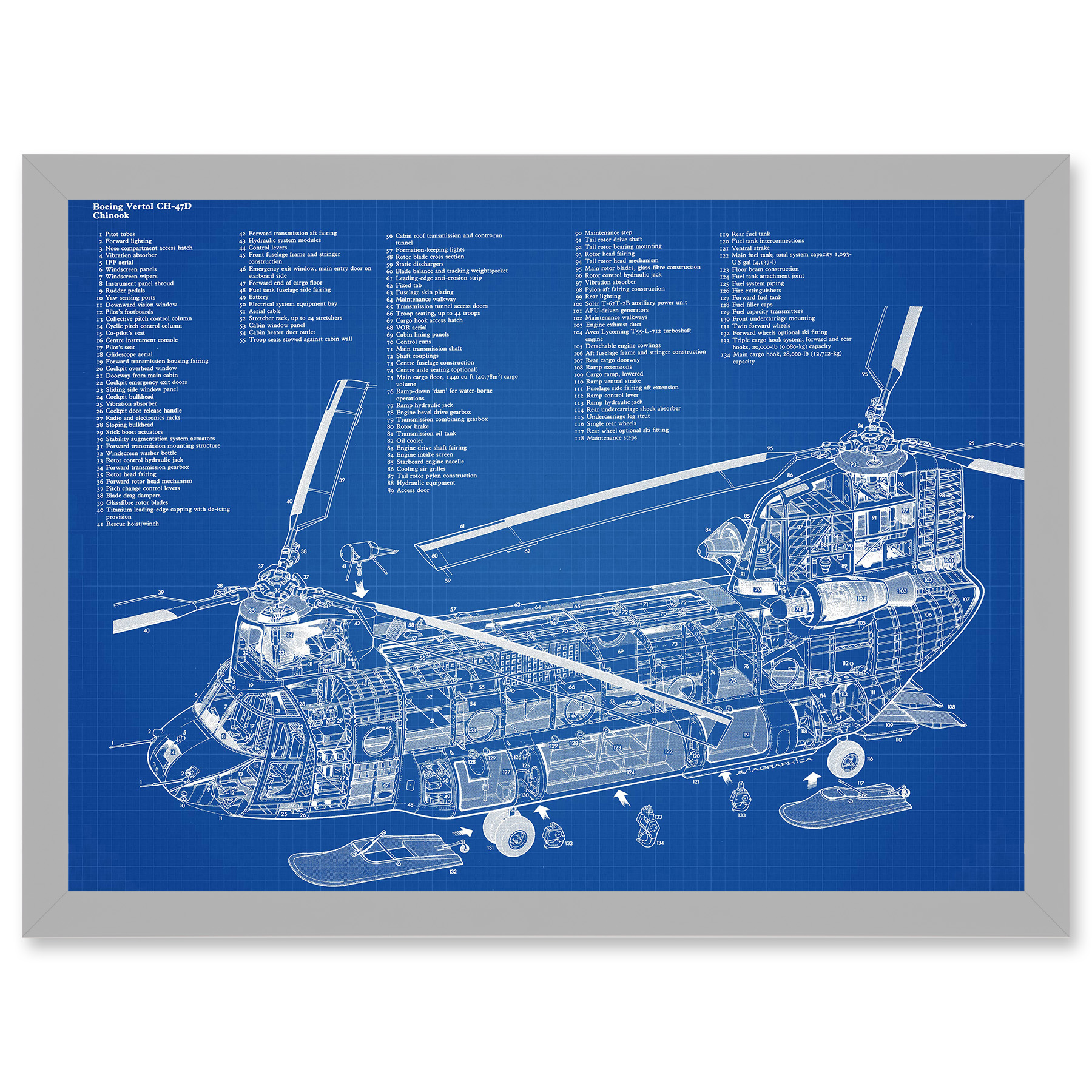 Chinook Helicopter CH-47D Military Transport Blueprint Plan Framed A4 Art Print