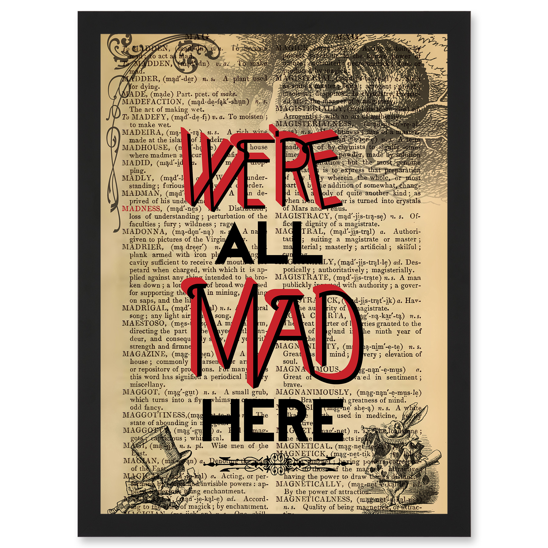 Upcycle We're All Mad Here Zitat Alice Wonderland Cheshire A4 gerahmter Kunstdruck - Bild 2 von 21