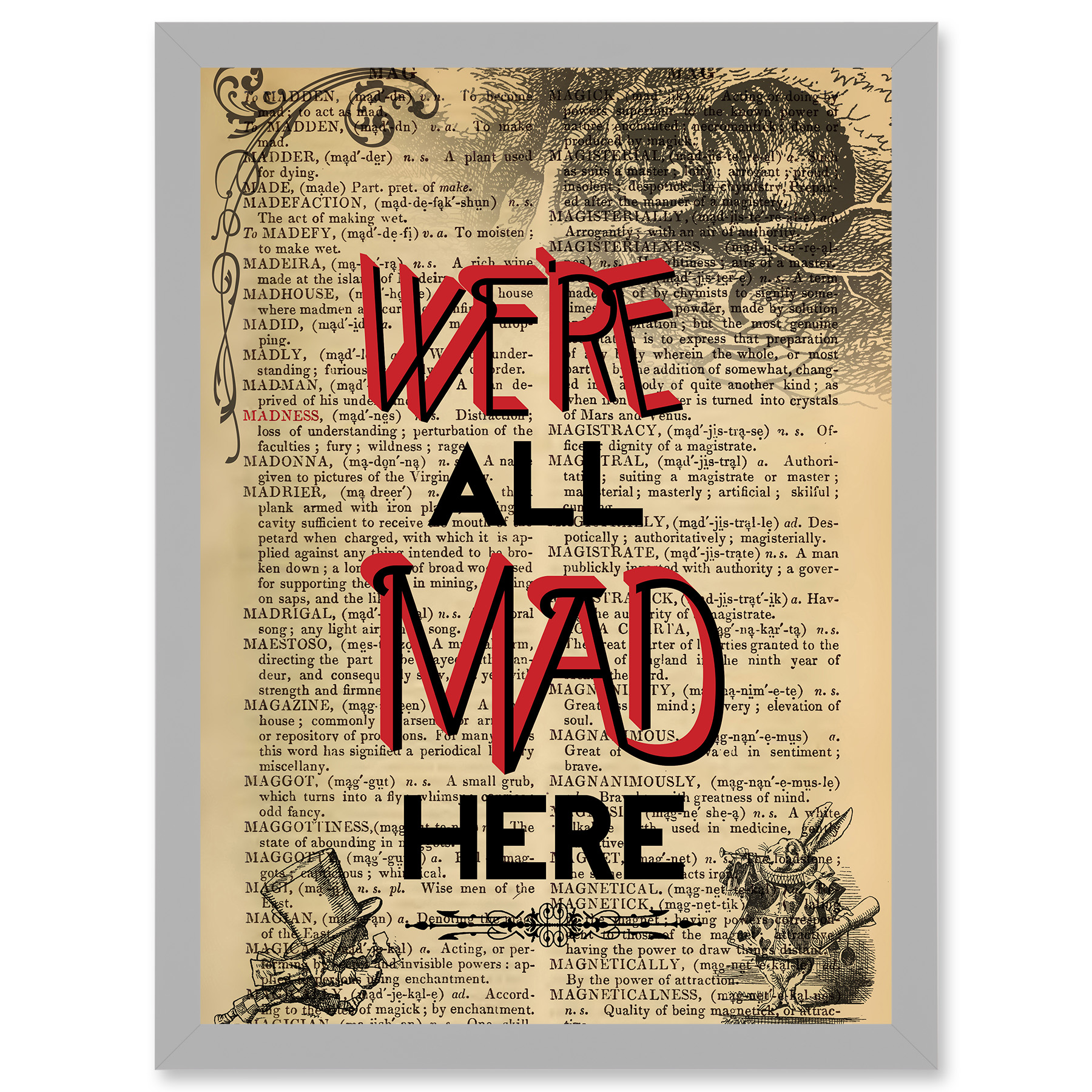 Upcycle We're All Mad Here Zitat Alice Wonderland Cheshire A4 gerahmter Kunstdruck - Bild 10 von 21
