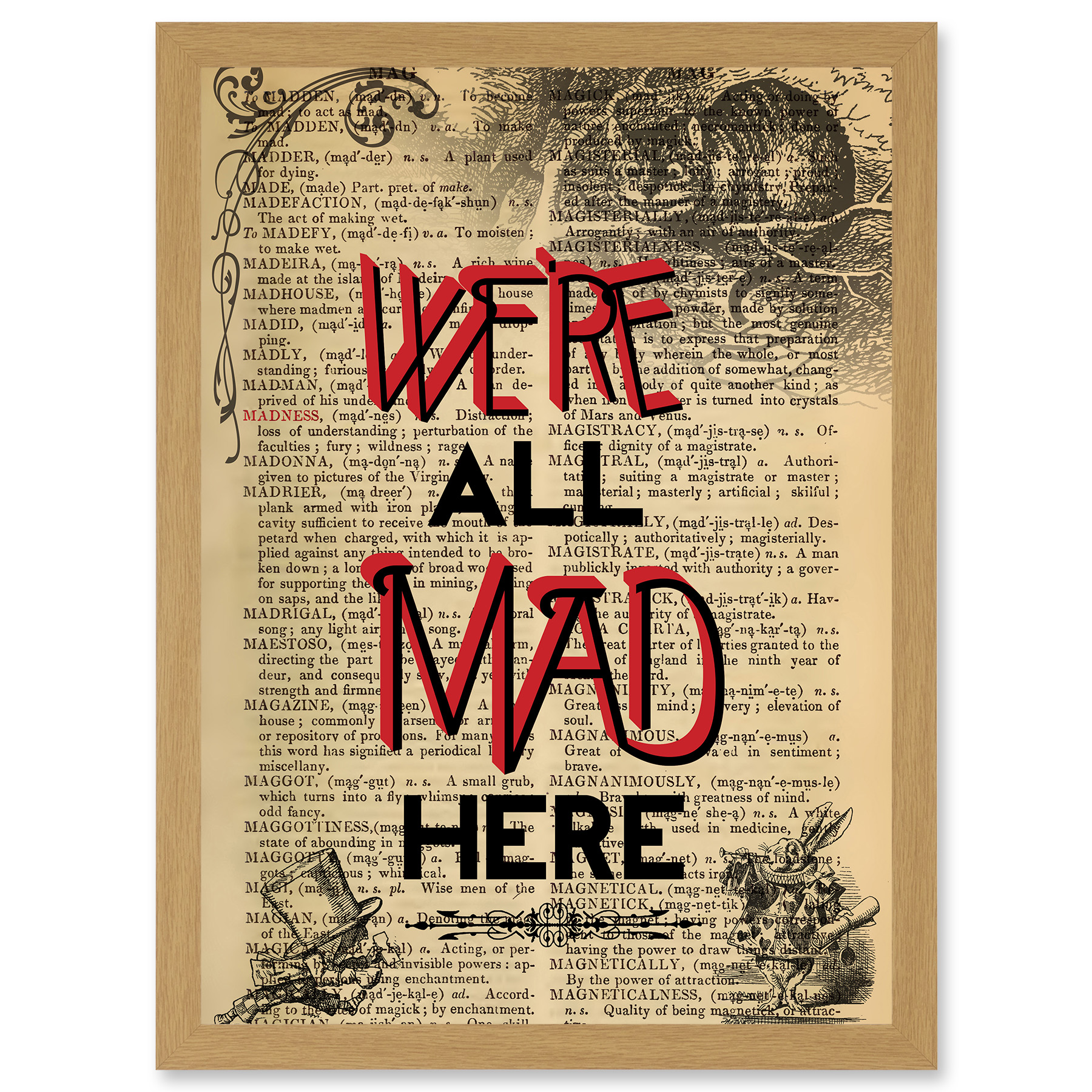 Upcycle We're All Mad Here Zitat Alice Wonderland Cheshire A4 gerahmter Kunstdruck - Bild 14 von 21