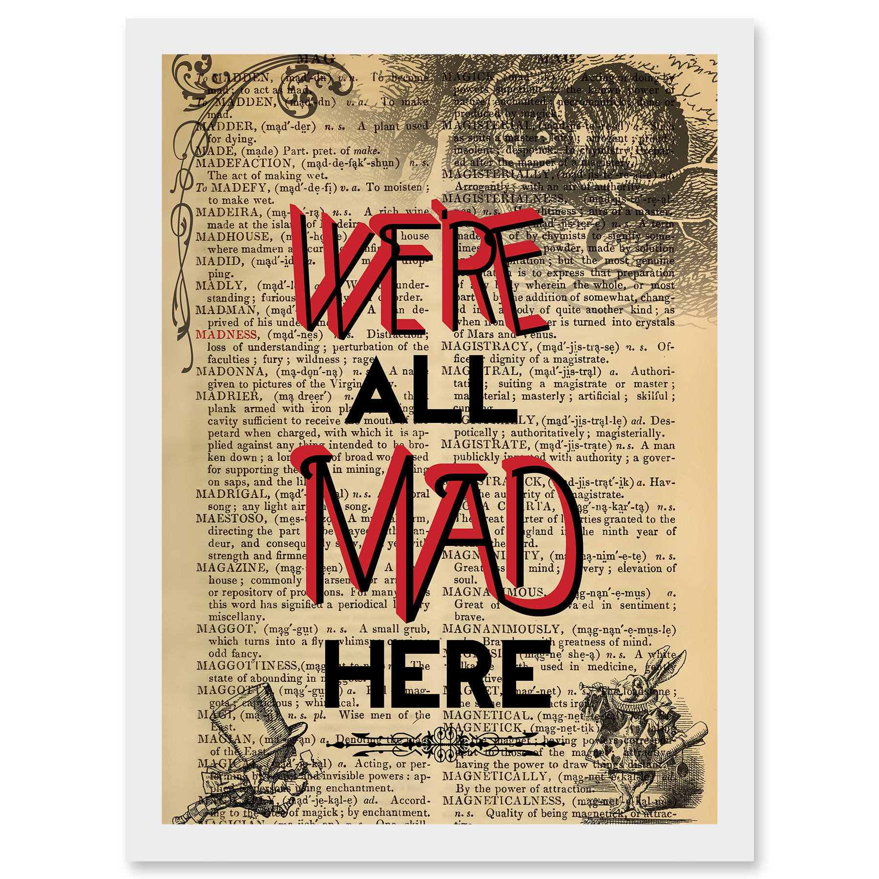 Upcycle We're All Mad Here Zitat Alice Wonderland Cheshire A4 gerahmter Kunstdruck - Bild 18 von 21