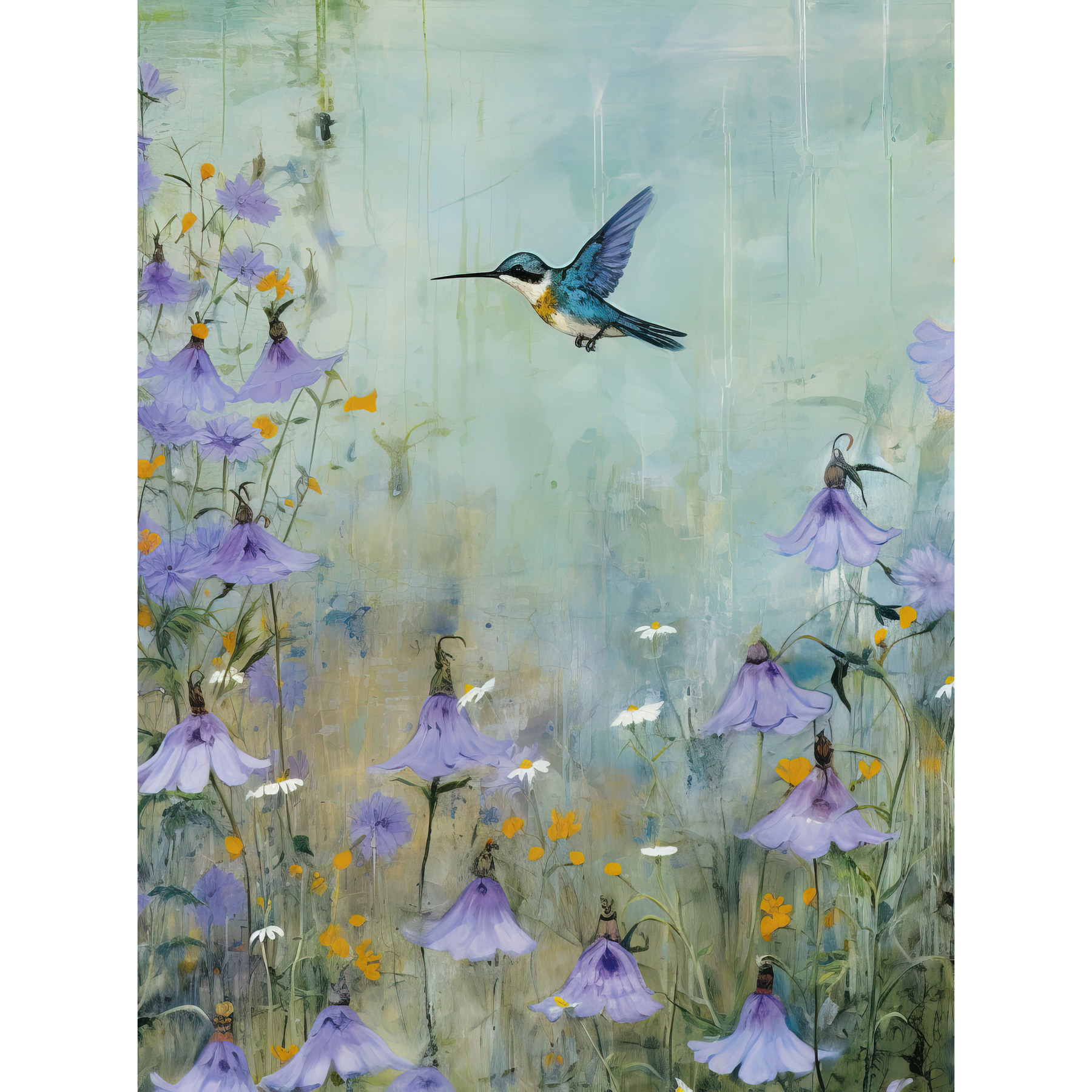 Bluebell Hummingbird Pastel Painting Nectar Flowers Framed Art Picture 12x16