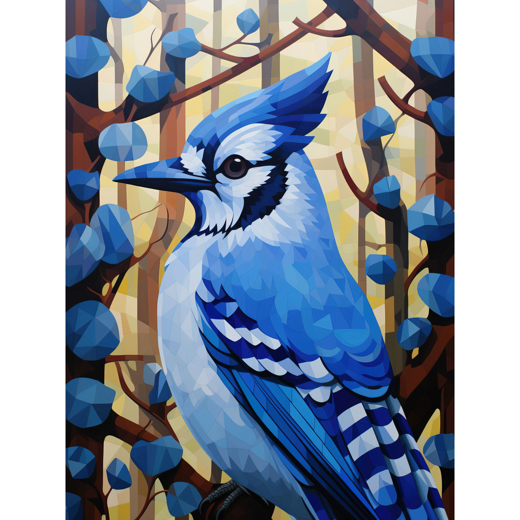 Blue Jay Perched on Tree Geometric Polygonal Forest Framed Art Picture 12x16