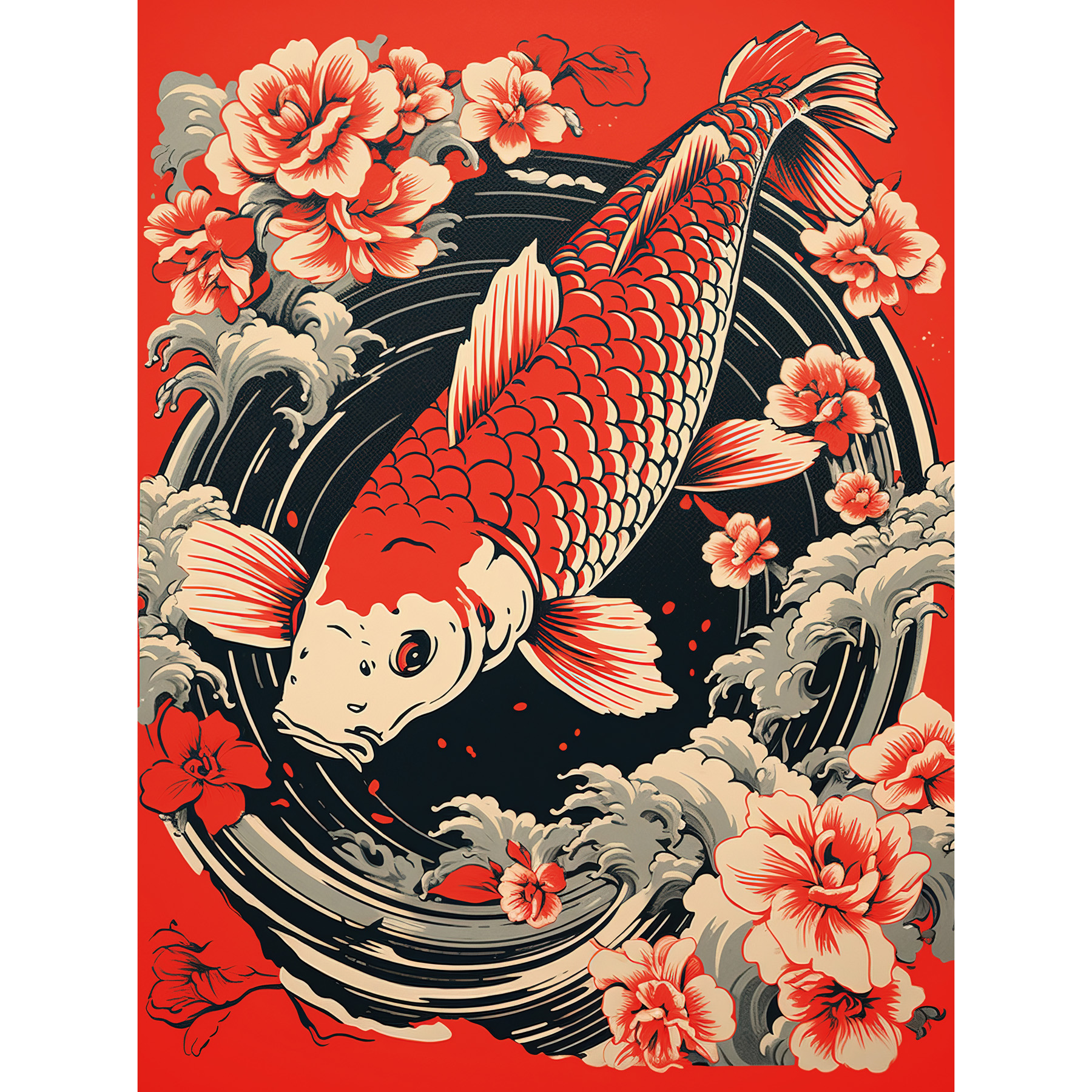 Koi Fish Carp Japanese Whirlpool Red Black Illustration Framed Art Picture 12x16