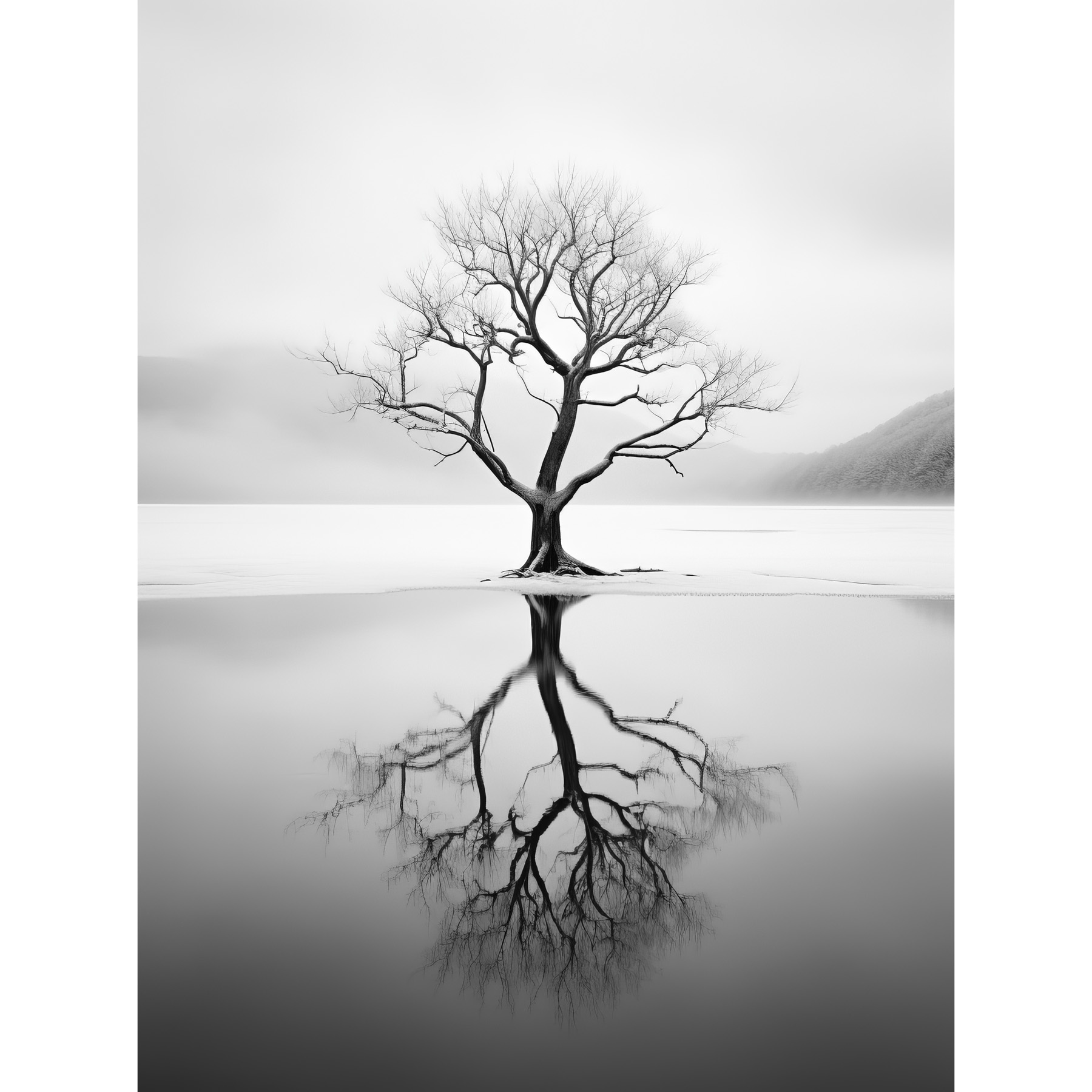 Lone Tree by Frozen Lake Winter Landscape Black White Framed Art Picture 12x16