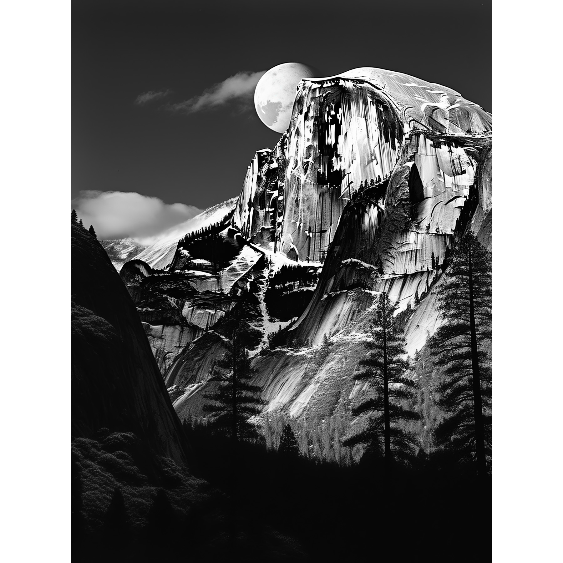 Moonrise Behind Half Dome Black White Yosemite National Park Framed Art 12x16