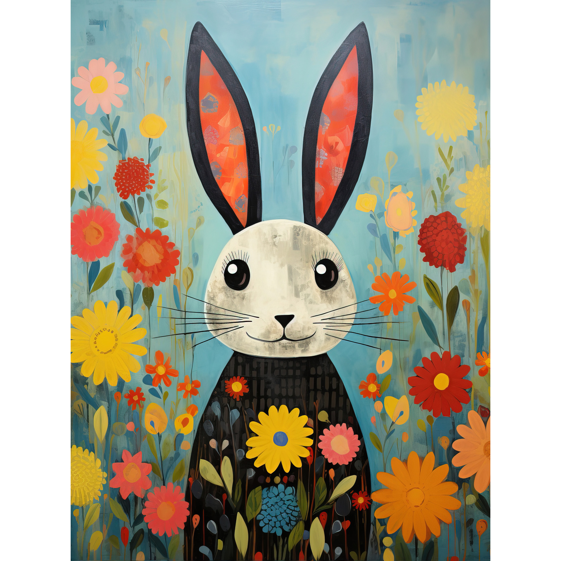 Funny Bunny Illustration Modern Floral Rabbit Kids Bedroom Framed Wall Art 12x16