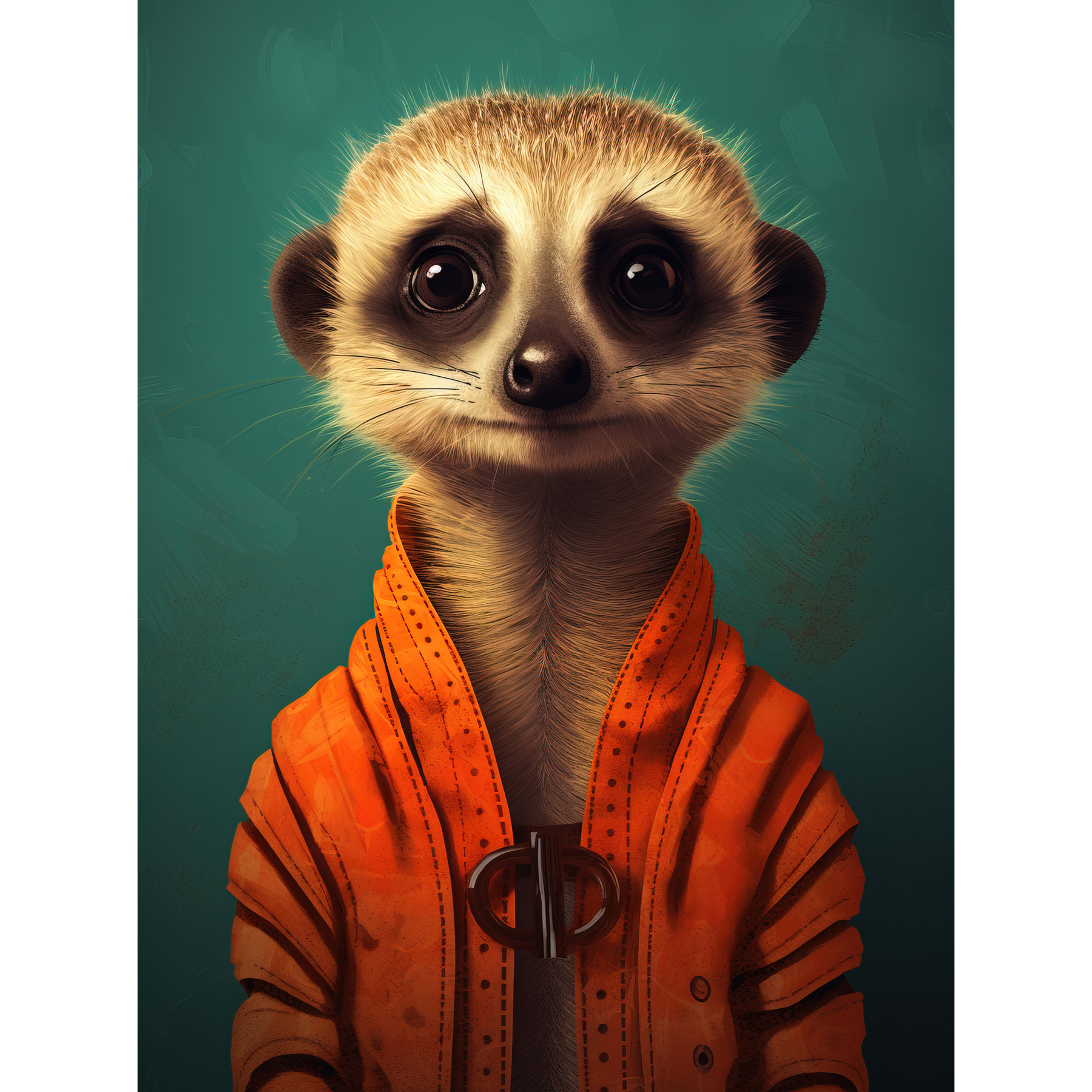 Meercat Portrait Orange Quilted Jacket on Teal Background Framed Wall Art 12x16