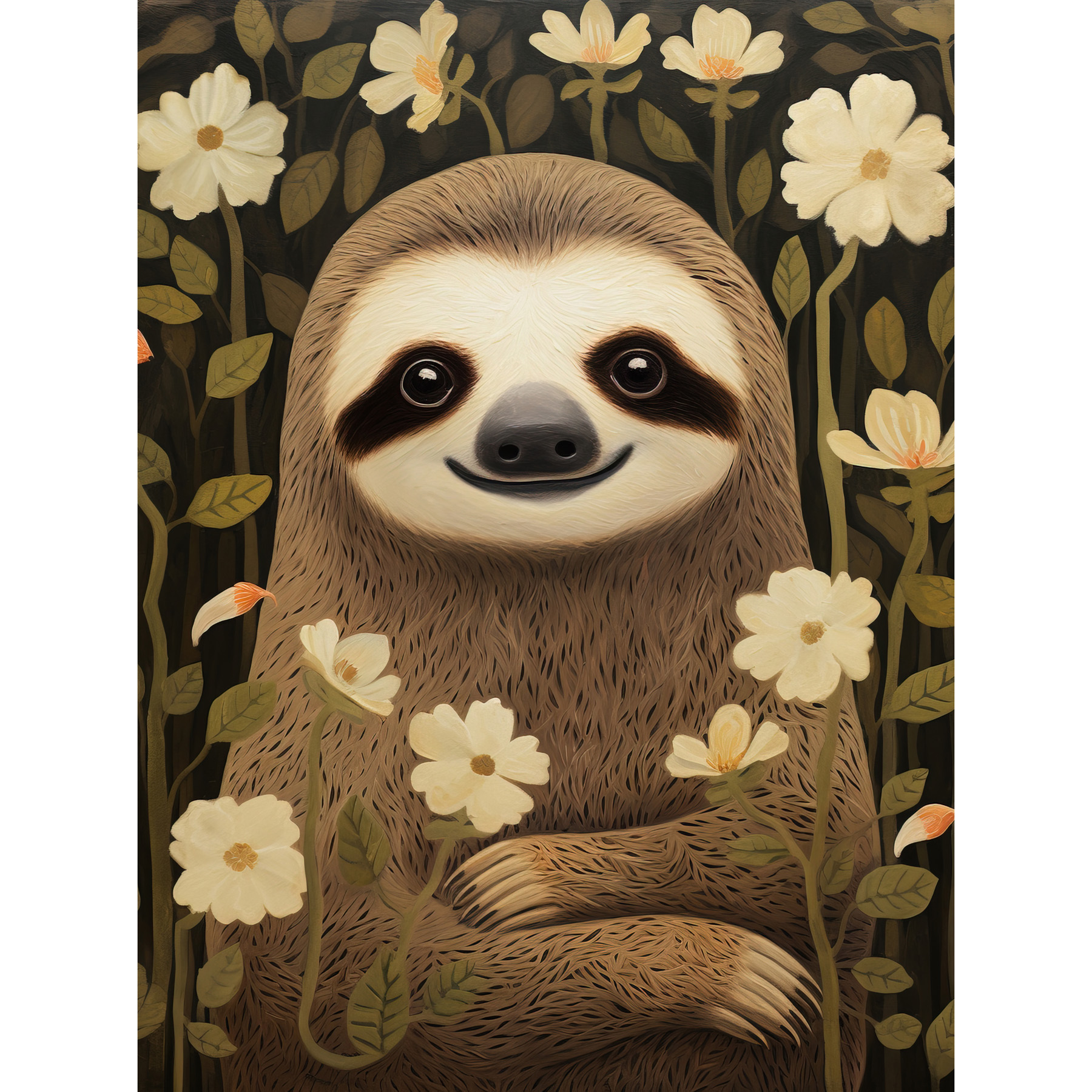Sloth with Jasmine and Anemone Flowers Elegant Artwork Framed Art Picture 12x16