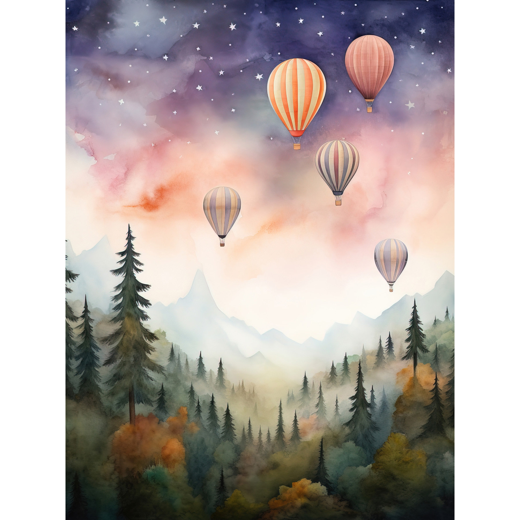 Hot Air Balloons Over Misty Forest Landscape Watercolour Framed Wall Art 12x16