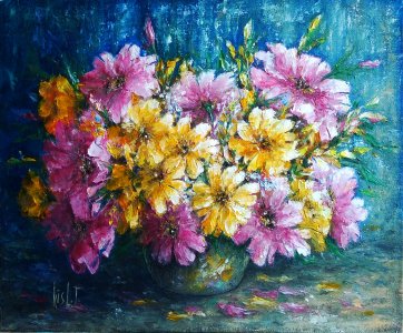 Original Oil Painting Canvas on Cardboard.  Summer garden flowers. Art by Kisl.T