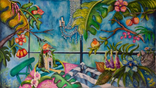 "UN SOGNO TROPICALE: LA NATURA CHE ABBRACCIA L’ANIMA" (2024) OLIO SU TELA 160 X 85 CM 