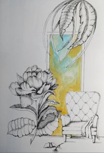 “Fioritura interiore”disegno con china e acquarello (2025)