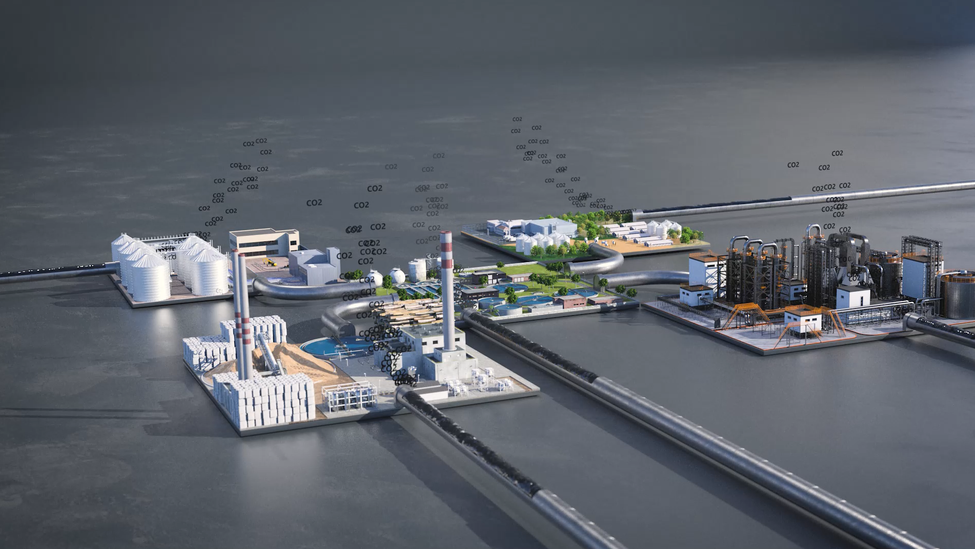 A still from an animation showing multiple industrial plants immiting CO2 particals