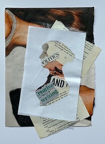 collaged artwork with Jane Austen silhouette cut out pasted over close up images of people and text