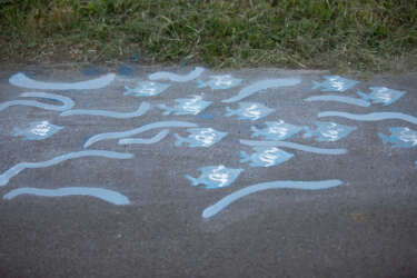blue and white fish and wavy lines painted onto pavement