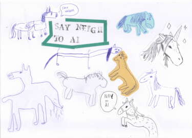 A collage of hand-drawn horses for the Same Difference zine. The message in the middle reads: "SAY NEIGH TO AI"