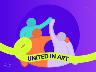 An illustration of 3 characters. The orange character has their arm around the purple character, and the turquoise character is just behind them high-fiving the purple character. There is text in front that says 'United in Art'