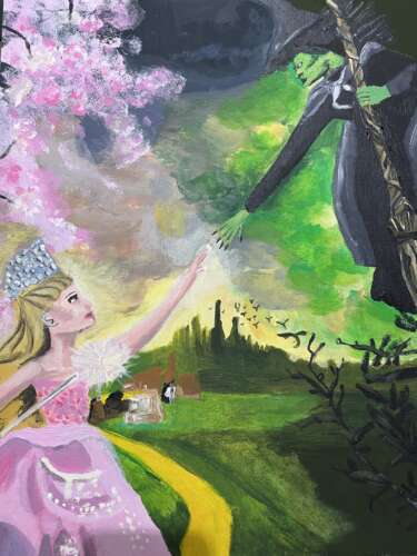 An acrylic painting inside the Same Difference Zine. It shows characters Elphaba and Glinda from the movie adaptation of Wicked reaching out to one another as the landscape splits between pink and green.