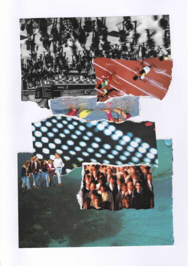 A collage for the Same Difference zine. The collage shows ripped shapes of crowds of people, LED lights, and underwater landscapes