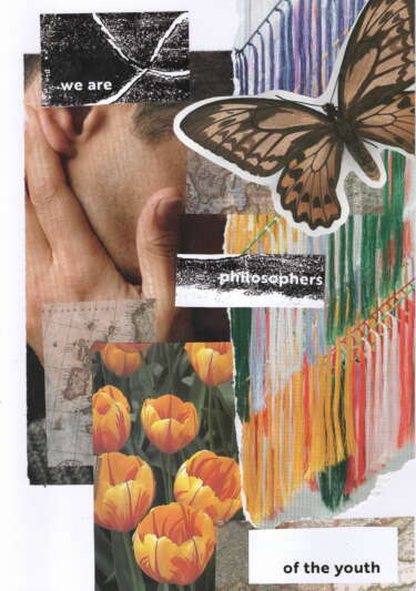 A collage for the Same Difference zine with a small poem. There is a large butterfly, multicoloured threads, yellow flowers, and translucent maps on top of a person's face. The text reads: "We are philosophers of the youth"