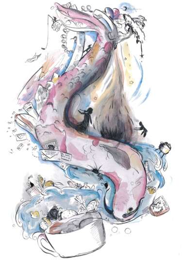 A pen and ink drawing for the Same Difference zine. It shows a large fish swimming through various illustrations of childhood trinkets and memories such as a teacup, two young people together, and someone fishing.