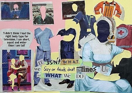 Collaged photographs of people with no faces and text that reads "it isn't what we say or think that defines us but what we do" in the centre