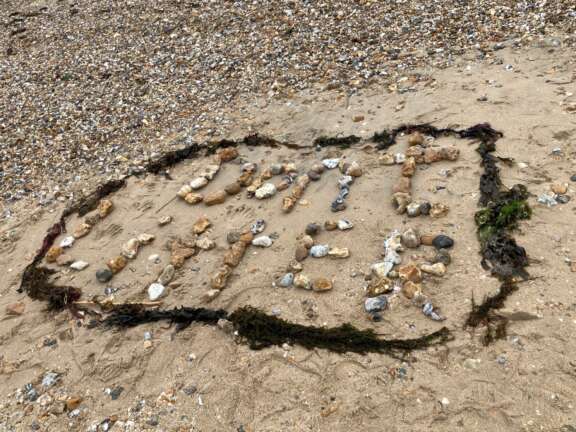 Stones arranged on a sandy beach to read 'dont litter' surrounded by a ring of seaweed