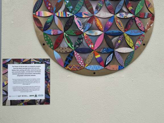 flower of life geometric artwork hung on wall made from many individually decorated petals