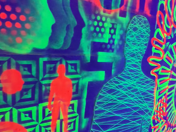UV neon artwork in geometric and textured patterns overlapping with human body and head outlines