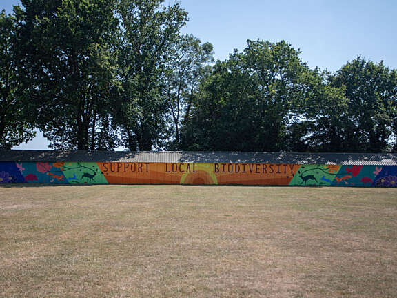 A large 40m colourful mural on a wall with animals.