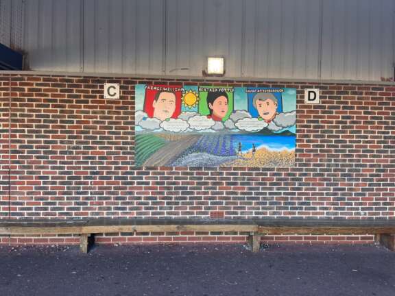 painted mural panel affixed to brick school wall. mural contains simplified painted portraits of prince William, Beatrix potter and David attenborough. underneath the portraits there are quotes in speech bubbles that aren't readable from this image, and painted landscape scenes of fields and a beach