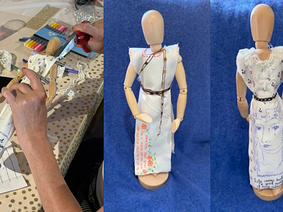 three images side by side: close up of person using scissors to cut a piece of fabric on a small wooden mannequin over a table of craft supplies, small wooden mannequin wearing white fabric fashioned into a dress with words written on with fabric pens, small wooden mannequin wearing white fabric fashioned into a dress with ribbons and a portrait of Jane Austen drawn with fabric pens