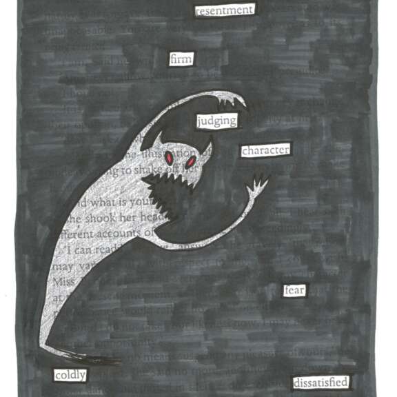Blackout poem - black pen covering most of the page with some words left visible and cartoonish monster figure drawn. Poem reads: she wandered resentment firm judging character fear coldly dissatisfied powerful anger against another