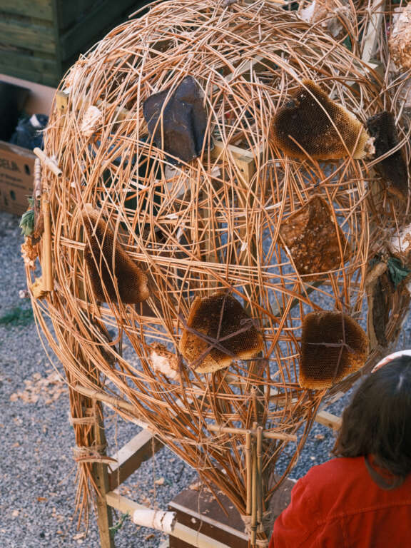 A willow sculpture embellished with pieces of honeycomb, mycelium and other natural materials