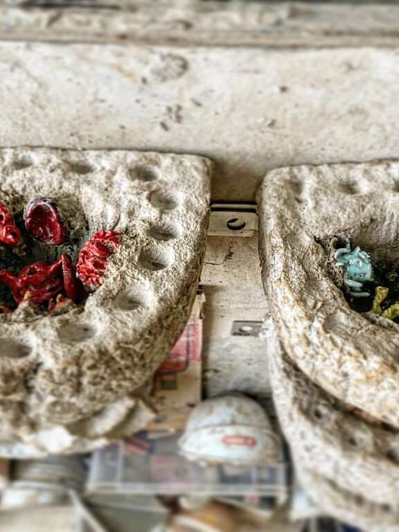 two textured concrete semi circular basin-shaped artificial rockpool forms attached to a concrete panel, inside the rock pools is an array of abstract ceramic forms in lots of varying shapes and textures. in one the ceramics are reds and in the other shades of green.