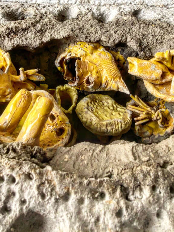 close up of textured concrete basin-shaped artificial rockpool form, inside the rock pool is an array of abstract ceramic forms in lots of varying shapes and textures in shades of yellow