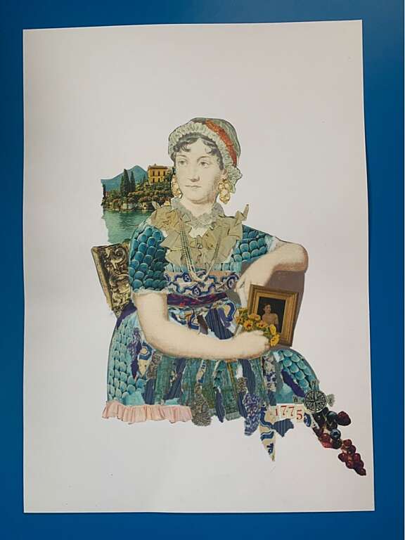 Collaged portrait of Jane Austen with different elements added such as fruit, flowers, and paintings