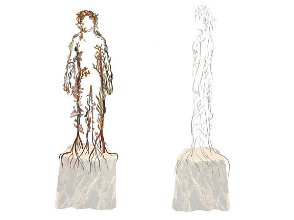 Concept drawing of the Maid Marian sculpture showing a front view of a human silhouette formed from intertwined stems, leaves, and flowers, with roots extending into a rough stone plinth, alongside a faint side profile sketch outlining the figure’s full form and posture.