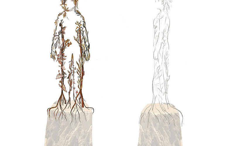 Concept drawing of the Maid Marian sculpture showing a front view of a human silhouette formed from intertwined stems, leaves, and flowers, with roots extending into a rough stone plinth, alongside a faint side profile sketch outlining the figure’s full form and posture.