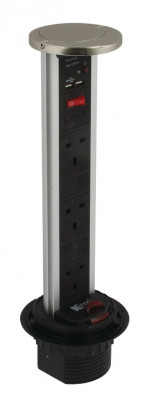 Vertical powerdock, IP54, 3xUK 13 Amp sockets, USB, black with stainless top