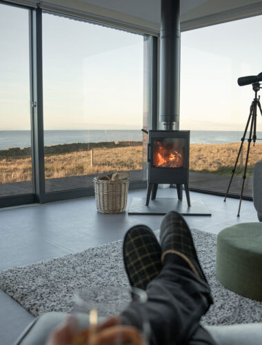 Living space Brighid woodburning stove holiday let accommodation Harris and Lewis Scotland