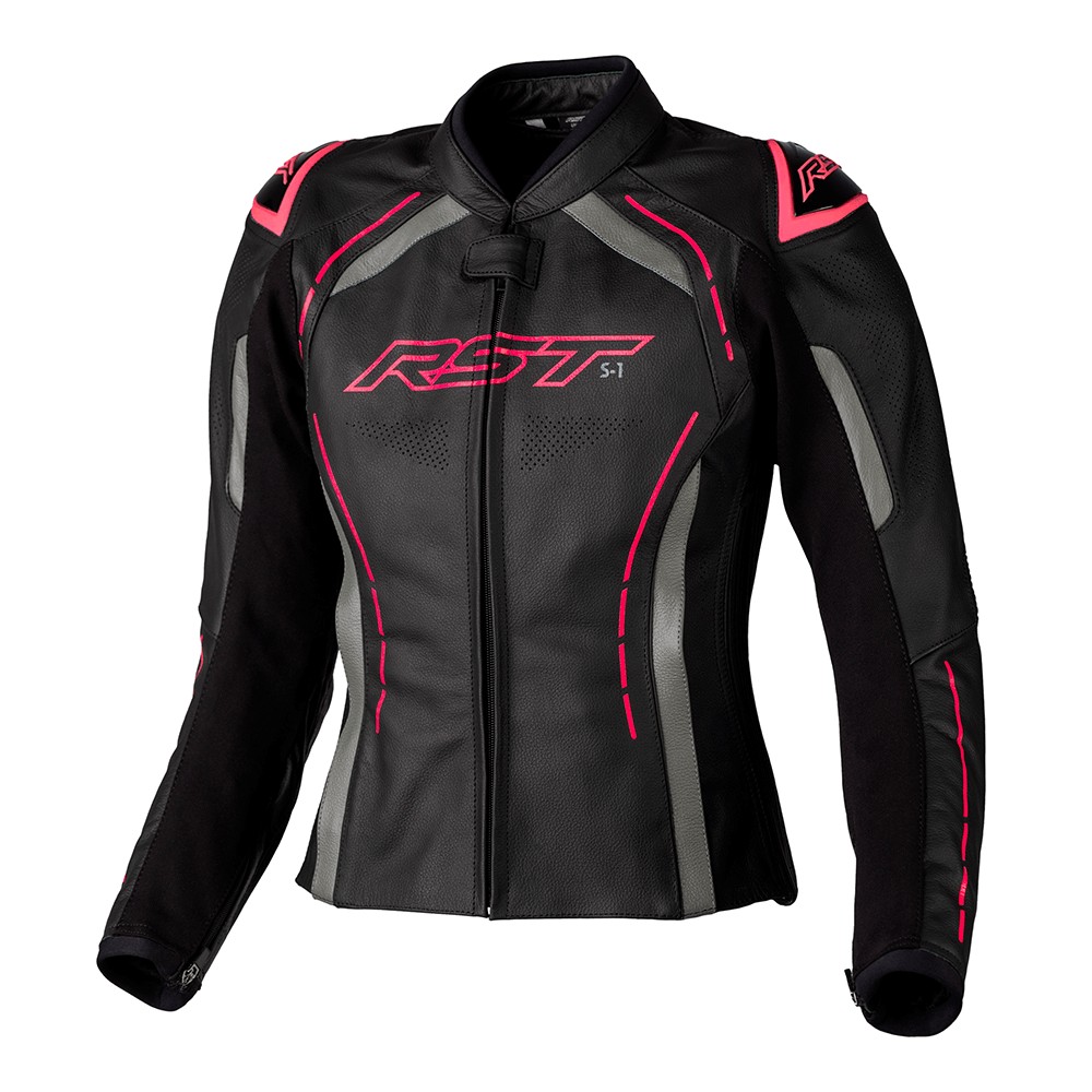 RST S1 CE Ladies Leather Motorcycle Jacket Black Neon Pink