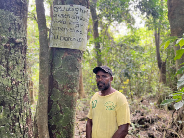 A man in a yellow t-shirt stands by a tree with a sign on it in a forest