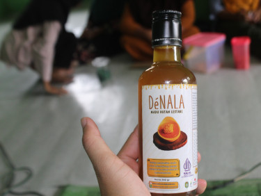 A hand holding a bottle of honey