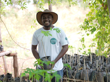 A man in a wide brimmed hat holds a seedling in a tree nursery