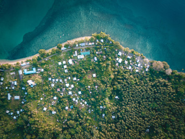 A drone shot of a forest with some small settlements leading up to the sea at the top of the image